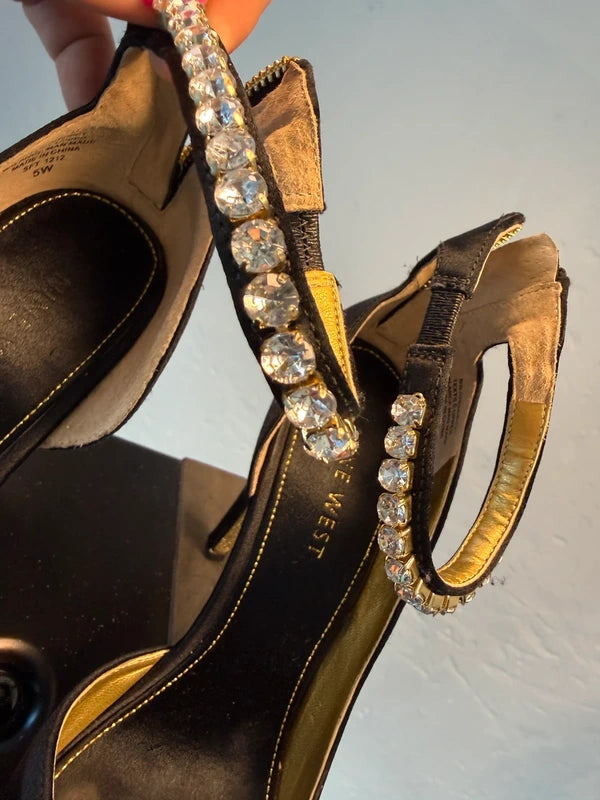 Next Wide Fit Black Satin Heels Size 5W Embellished Strap