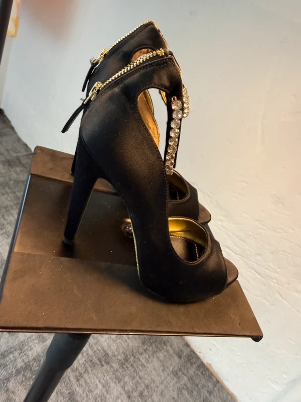 Next Wide Fit Black Satin Heels Size 5W Embellished Strap
