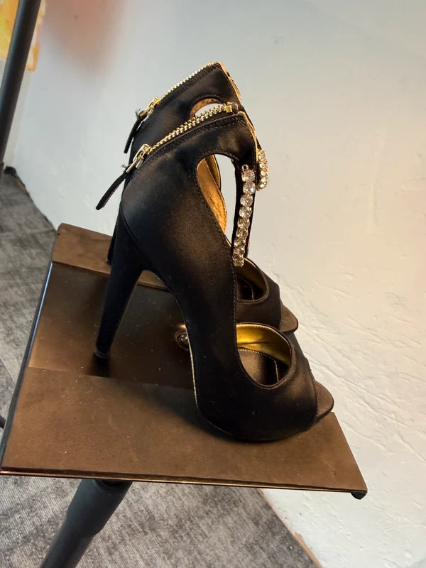 Next Wide Fit Black Satin Heels Size 5W Embellished Strap