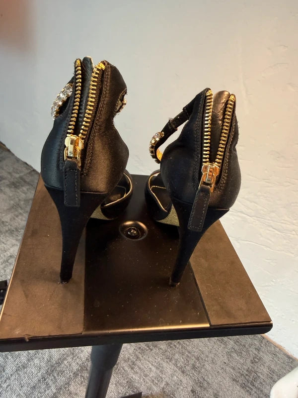 Next Wide Fit Black Satin Heels Size 5W Embellished Strap