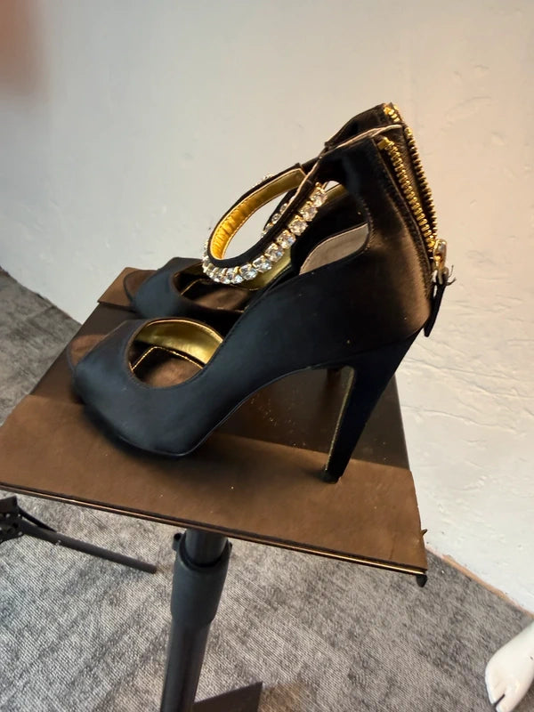 Next Wide Fit Black Satin Heels Size 5W Embellished Strap