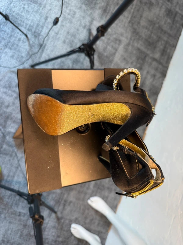 Next Wide Fit Black Satin Heels Size 5W Embellished Strap