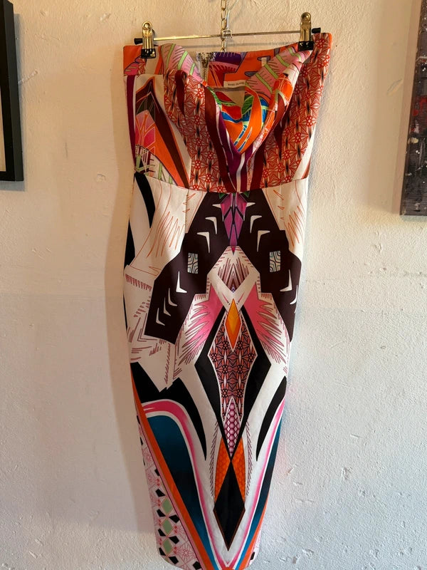 River Island Colourful Abstract Print Bodycon Midi Dress – Size S