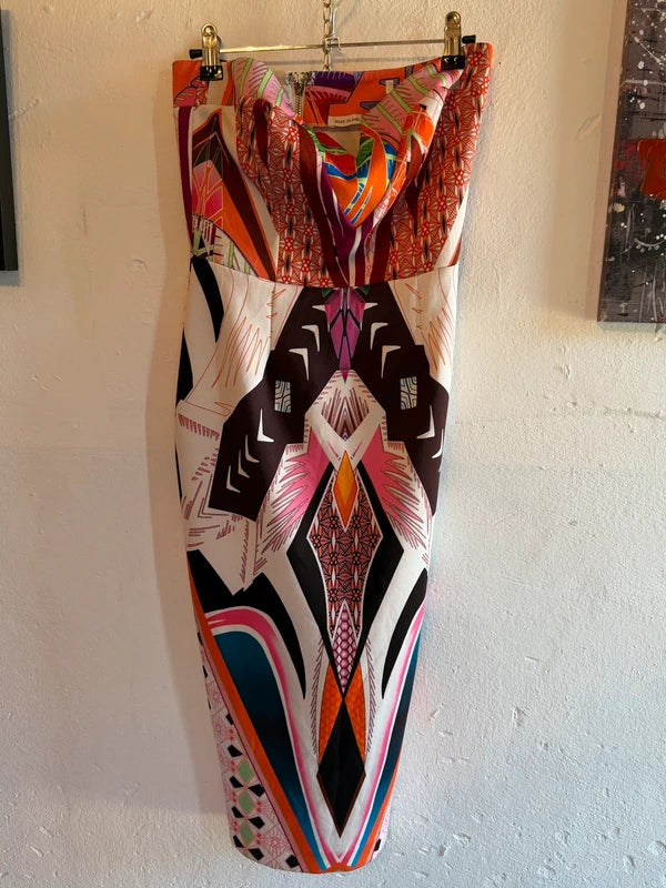River Island Colourful Abstract Print Bodycon Midi Dress – Size S