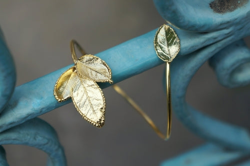 Open Cuff Bracelet – Adjustable Gold Plated Silver Real Rose Leaf